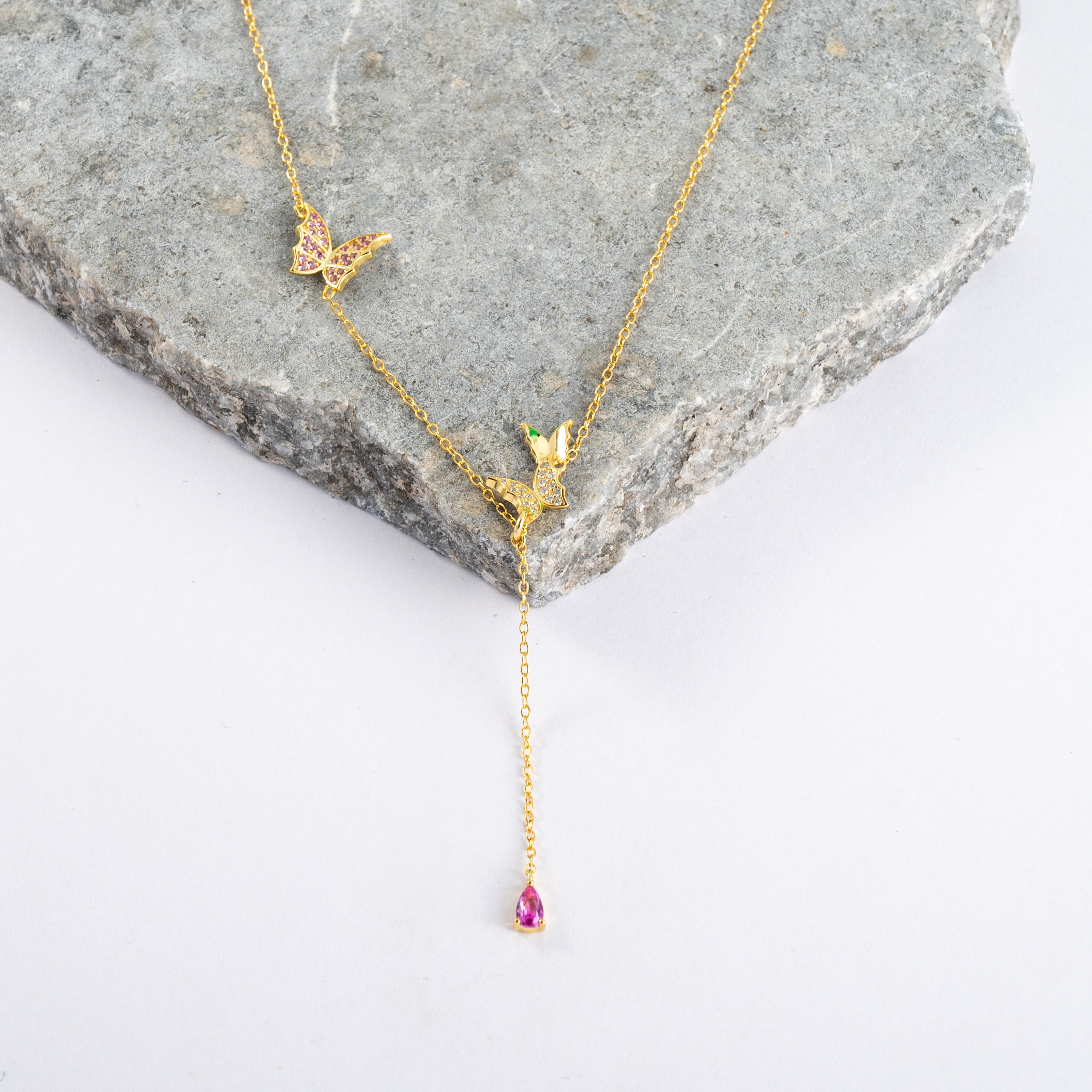 Two-Sided Butterfly Pendant Necklace with Purple CZ Stone