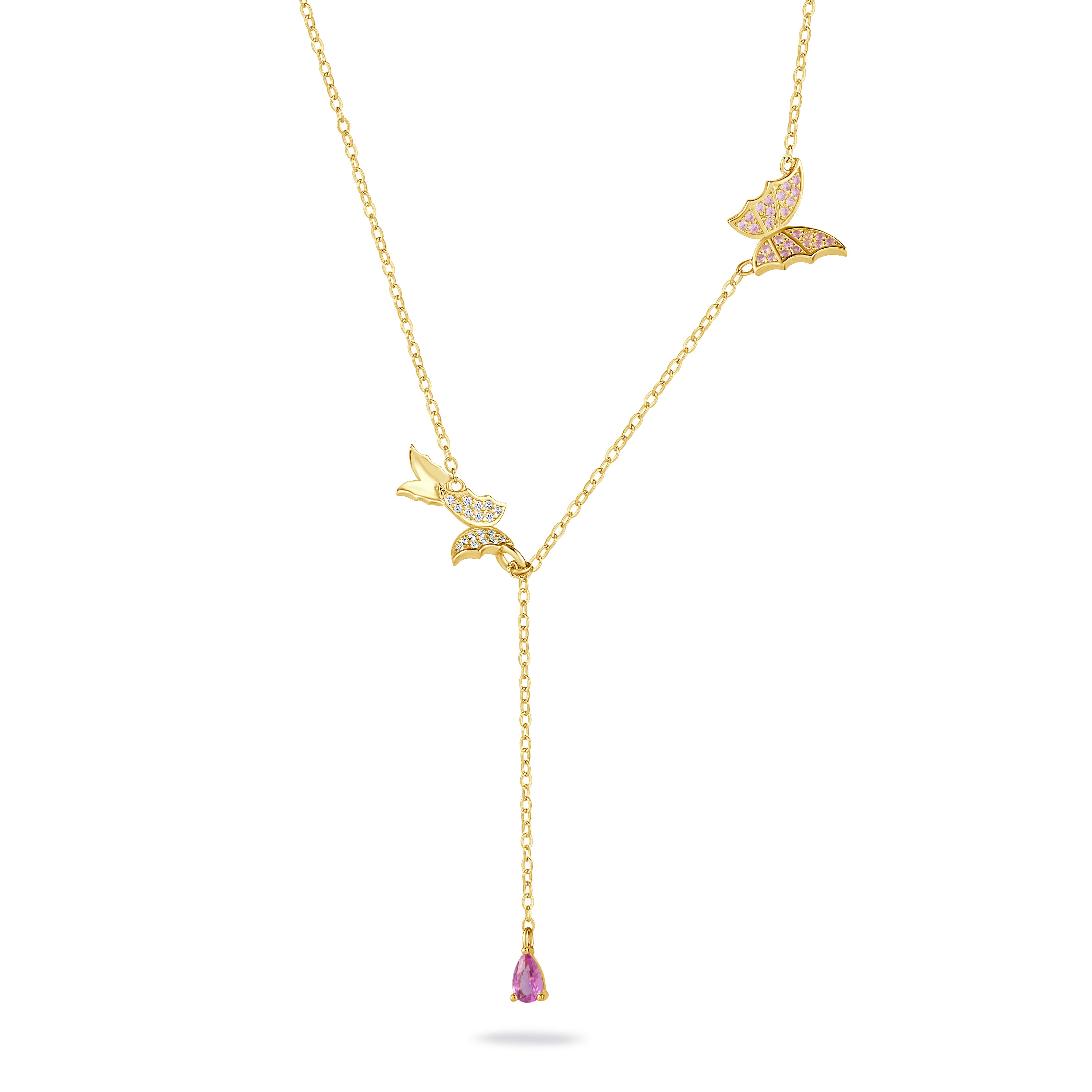 Two Sided Butterfly Pendant Necklace with Purple CZ Stone
