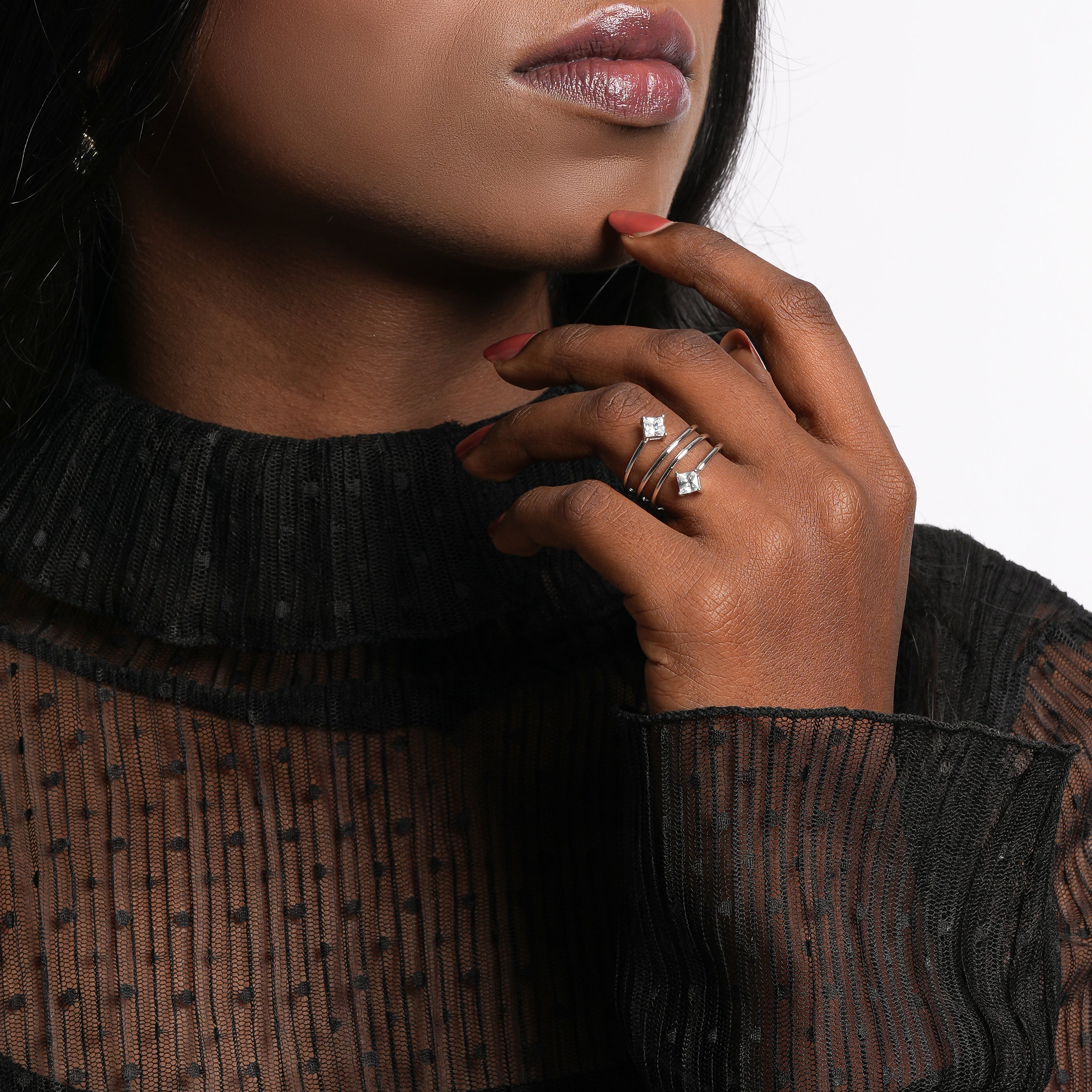 Twirl Shine Dual-Stone Silver Ring(Free size)